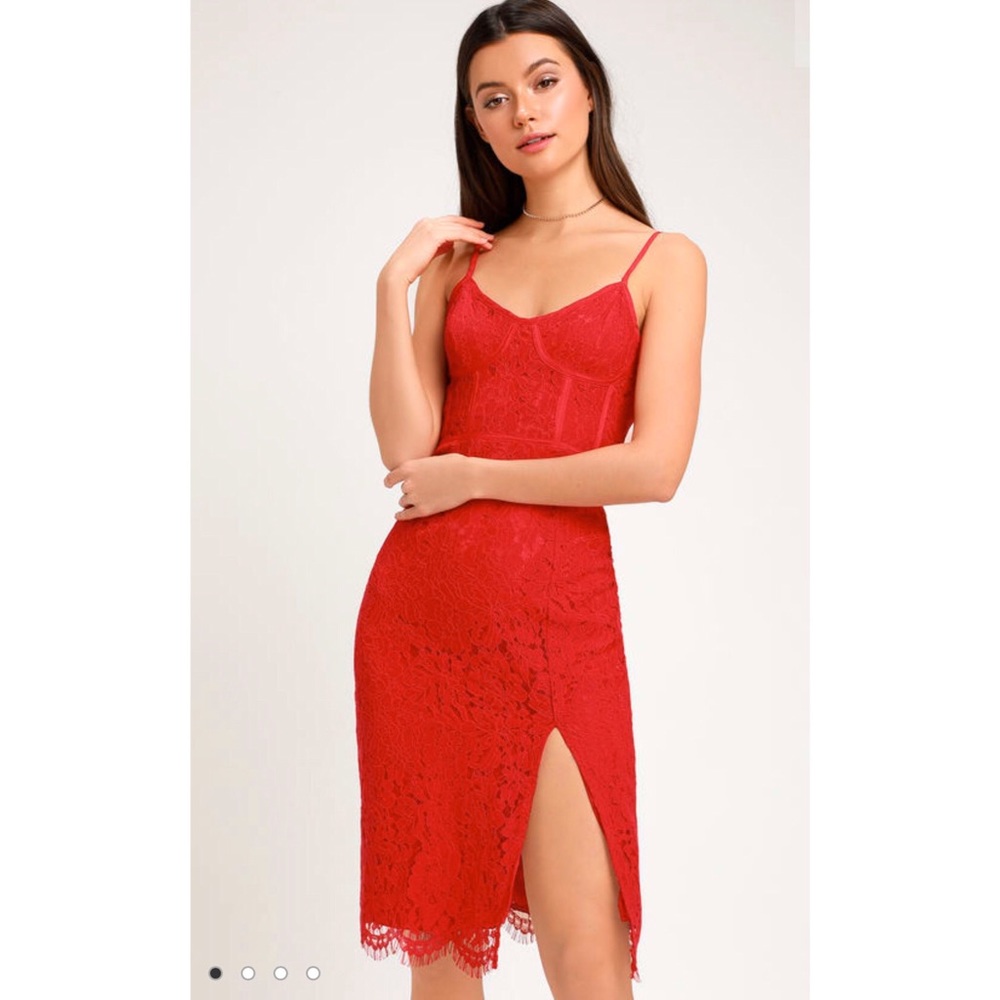 New! Love Me Right Red Lace Bodycon Midi Dress